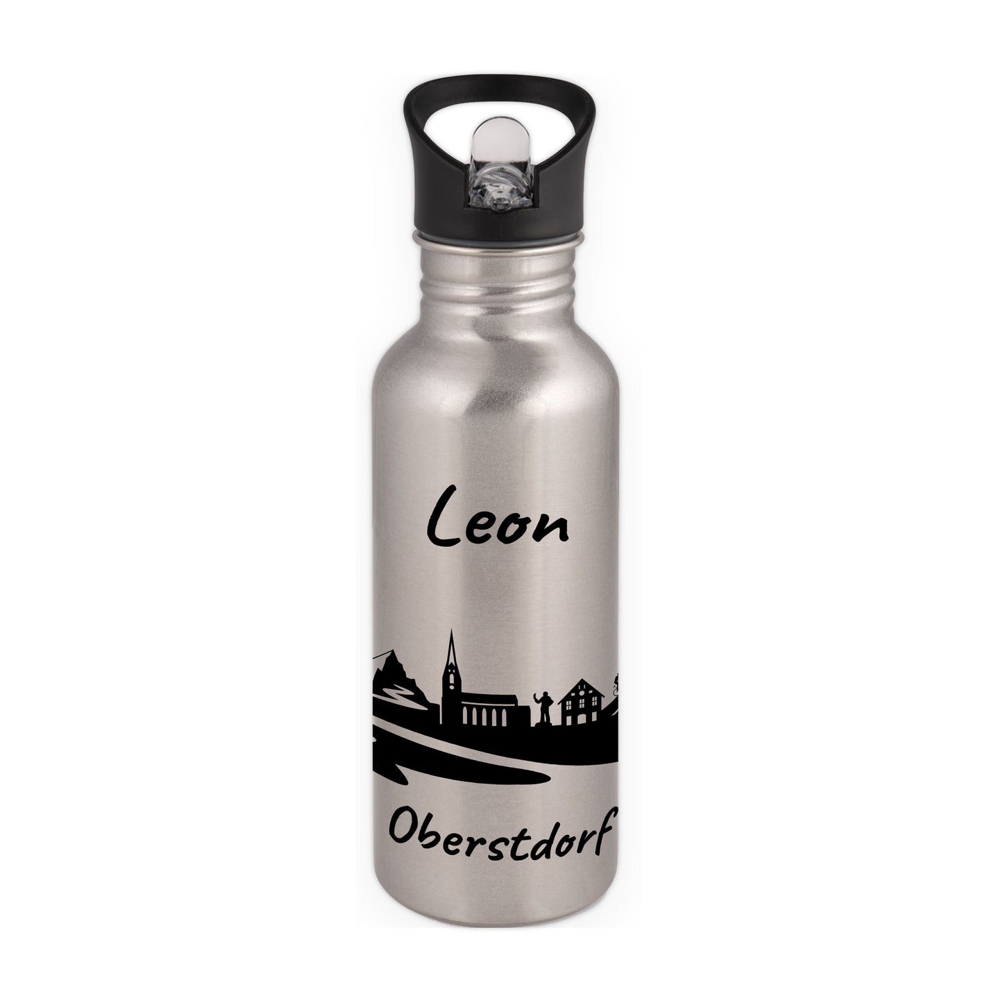 Trinkflasche in Silber 600ml aus Edelstahl bedruckt mit der Skyline von Oberstdorf personalisierbar mit Wunschname