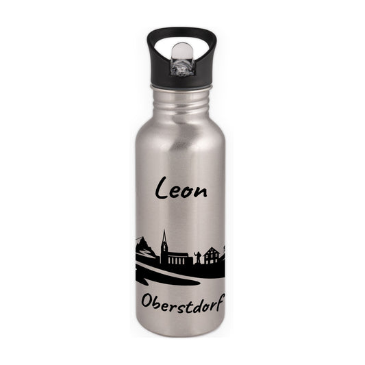 Trinkflasche in Silber 600ml aus Edelstahl bedruckt mit der Skyline von Oberstdorf personalisierbar mit Wunschname