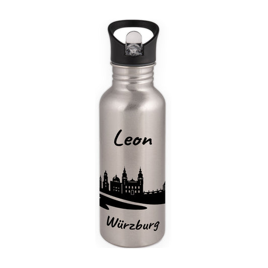 Trinkflasche in Silber 600ml aus Edelstahl bedruckt mit der Skyline von Würzburg personalisierbar mit Wunschname