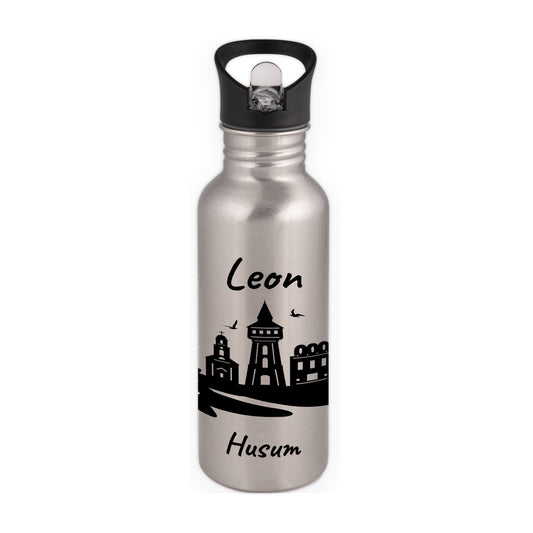 Trinkflasche in Silber 600ml aus Edelstahl bedruckt mit der Skyline von Husum personalisierbar mit Wunschname