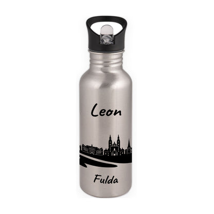 Trinkflasche in Silber 600ml aus Edelstahl bedruckt mit der Skyline von Fulda personalisierbar mit Wunschname