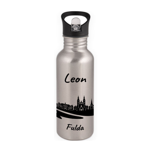 Trinkflasche in Silber 600ml aus Edelstahl bedruckt mit der Skyline von Fulda personalisierbar mit Wunschname