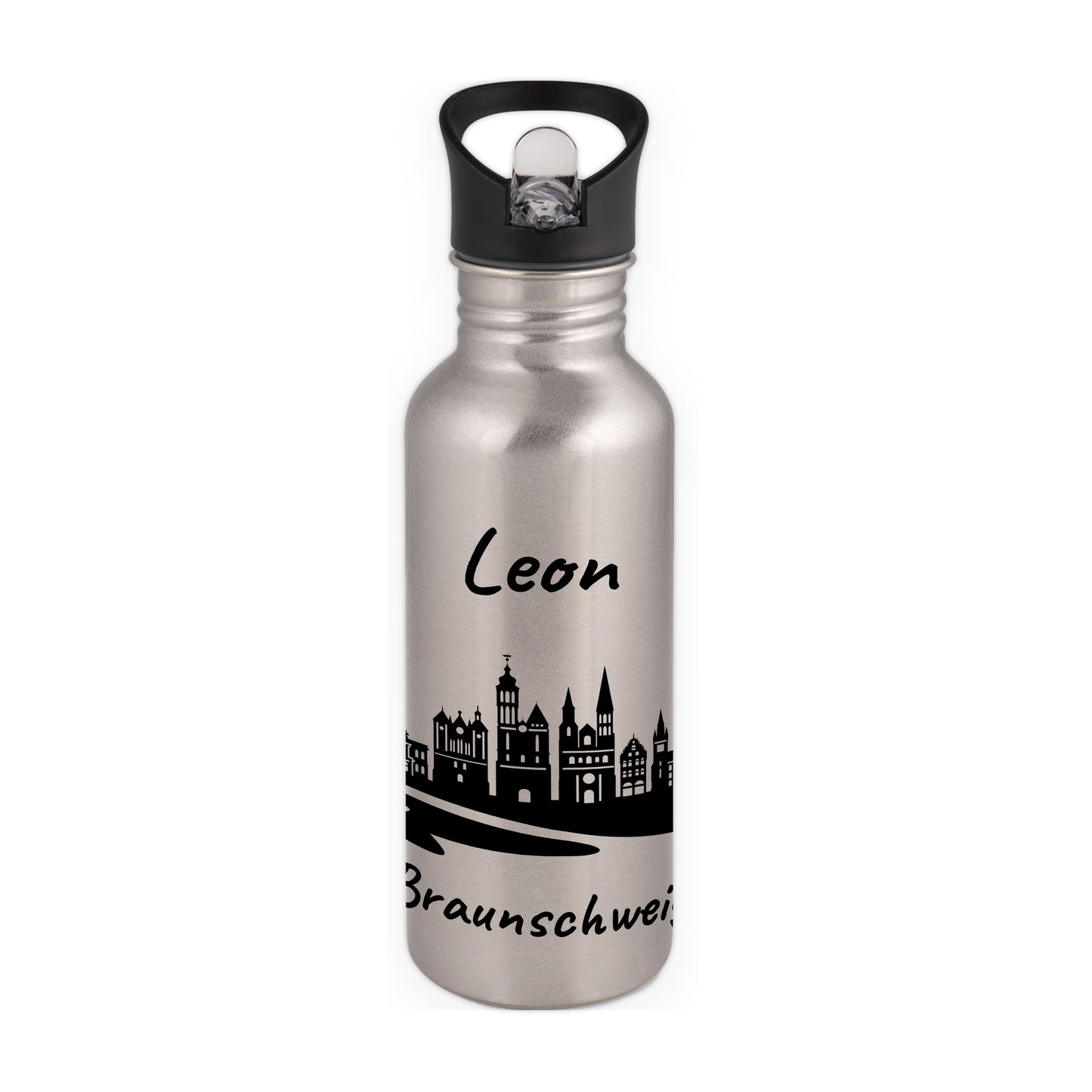 Trinkflasche in Silber 600ml aus Edelstahl bedruckt mit der Skyline von Braunschweig personalisierbar mit Wunschname