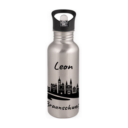 Trinkflasche in Silber 600ml aus Edelstahl bedruckt mit der Skyline von Braunschweig personalisierbar mit Wunschname