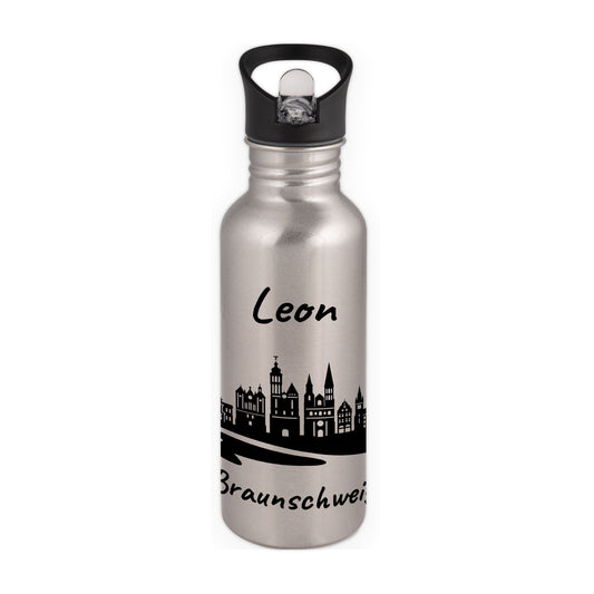 Trinkflasche in Silber 600ml aus Edelstahl bedruckt mit der Skyline von Braunschweig personalisierbar mit Wunschname