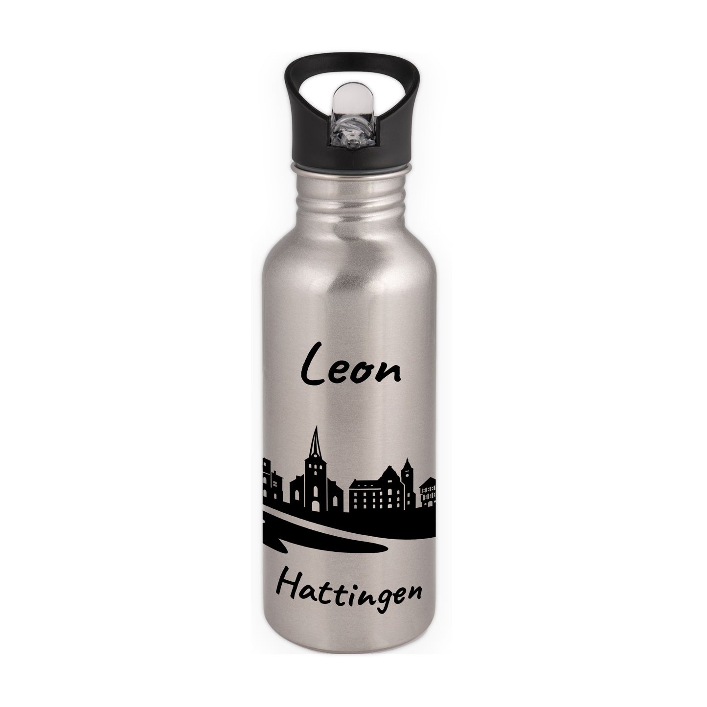 Trinkflasche in Silber 600ml aus Edelstahl bedruckt mit der Skyline von Hattingen personalisierbar mit Wunschname