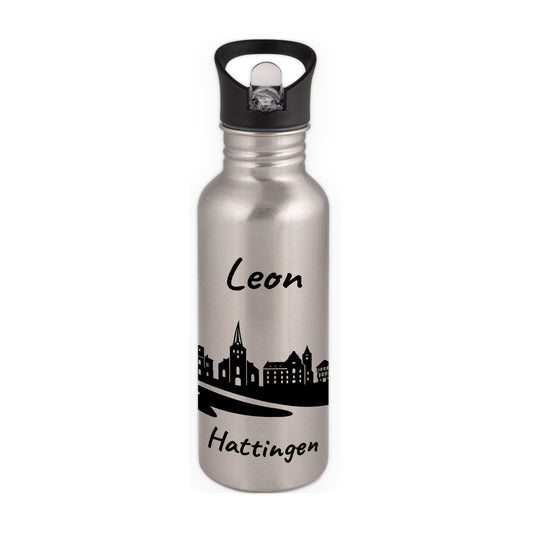 Trinkflasche in Silber 600ml aus Edelstahl bedruckt mit der Skyline von Hattingen personalisierbar mit Wunschname