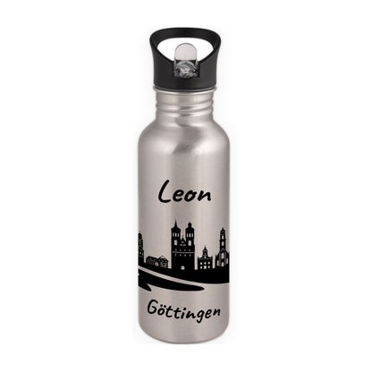 Trinkflasche in Silber 600ml aus Edelstahl bedruckt mit der Skyline von Göttingen personalisierbar mit Wunschname