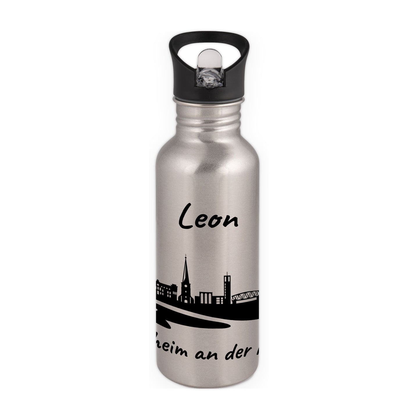 Trinkflasche in Silber 600ml aus Edelstahl bedruckt mit der Skyline von Mülheim an der Ruhr personalisierbar mit Wunschname