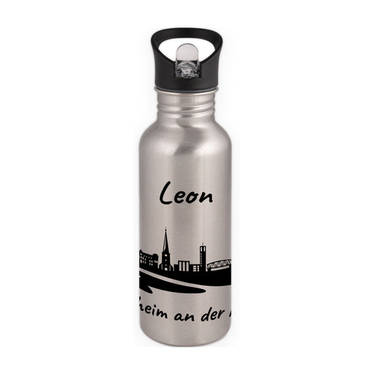 Trinkflasche in Silber 600ml aus Edelstahl bedruckt mit der Skyline von Mülheim an der Ruhr personalisierbar mit Wunschname