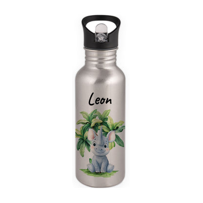 Trinkflasche mit Strohhalm in Silber 600ml bedruckt mit Dschungel Tieren"Nashorn" personalisierbar für Kinder mit Wunschname aus Edelstahl