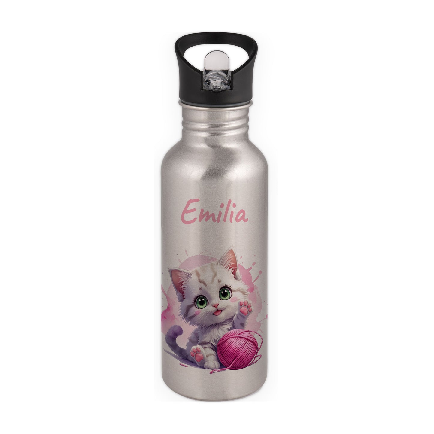 Trinkflasche mit Strohhalm in Silber 600ml bedruckt mit niedlichen Tieren"Katze" personalisierbar für Kinder mit Wunschname aus Edelstahl