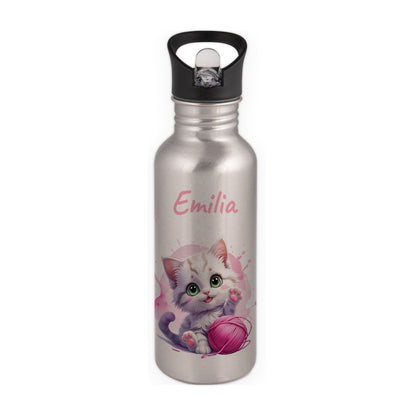 Trinkflasche mit Strohhalm in Silber 600ml bedruckt mit niedlichen Tieren"Katze" personalisierbar für Kinder mit Wunschname aus Edelstahl