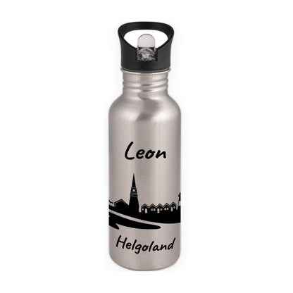 Trinkflasche in Silber 600ml aus Edelstahl bedruckt mit der Skyline von Helgoland personalisierbar mit Wunschname