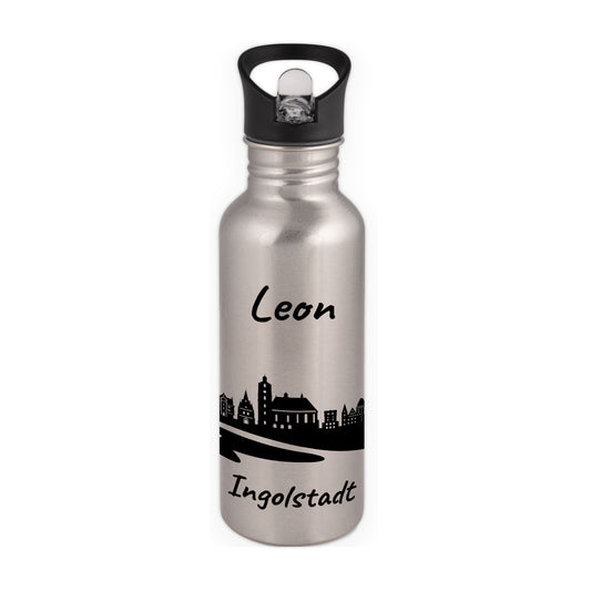 Trinkflasche in Silber 600ml aus Edelstahl bedruckt mit der Skyline von Ingolstadt personalisierbar mit Wunschname