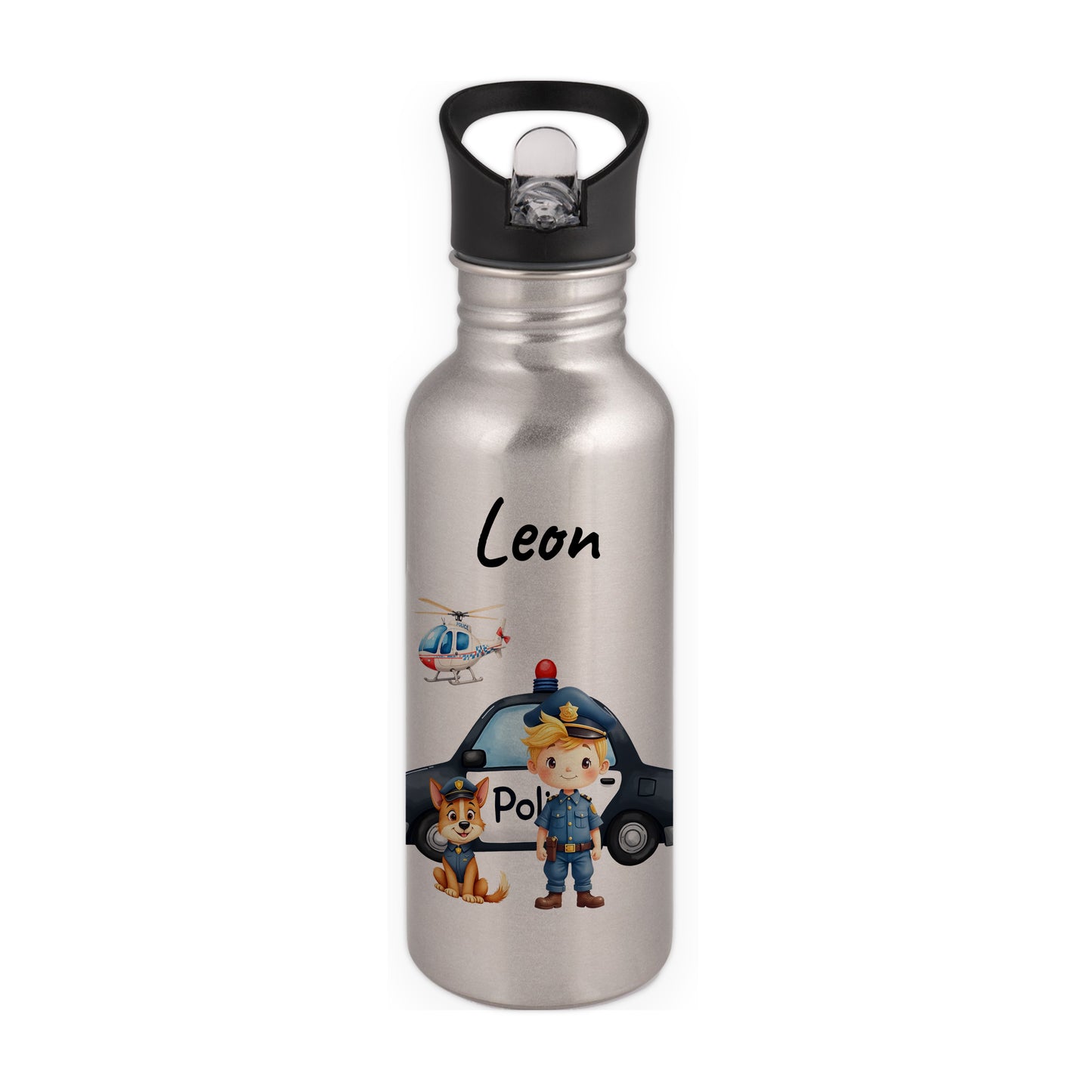 Trinkflasche mit Strohhalm in Silber 600ml bedruckt mit tollen Motiven für Kinder "Polizei" personalisierbar für Kinder mit Wunschname aus Edelstahl