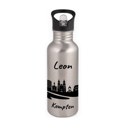 Trinkflasche in Silber 600ml aus Edelstahl bedruckt mit der Skyline von Kempten personalisierbar mit Wunschname