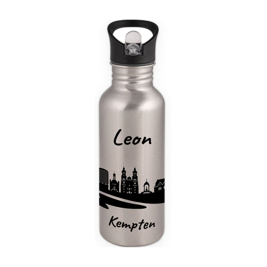 Trinkflasche in Silber 600ml aus Edelstahl bedruckt mit der Skyline von Kempten personalisierbar mit Wunschname