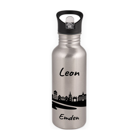 Trinkflasche in Silber 600ml aus Edelstahl bedruckt mit der Skyline von Emden personalisierbar mit Wunschname