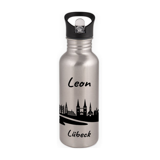 Trinkflasche in Silber 600ml aus Edelstahl bedruckt mit der Skyline von Lübeck personalisierbar mit Wunschname