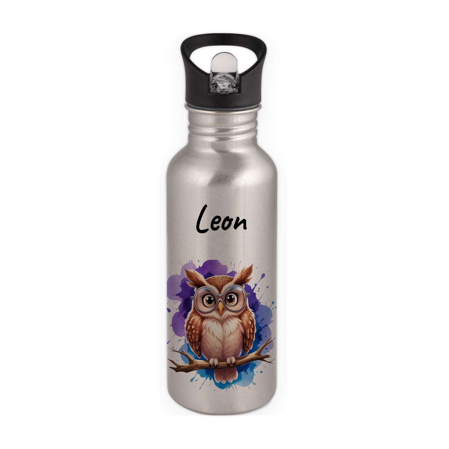 Trinkflasche mit Strohhalm in Silber 600ml bedruckt mit niedlichen Tieren"Eule" personalisierbar für Kinder mit Wunschname aus Edelstahl