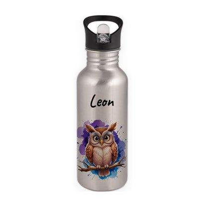 Trinkflasche mit Strohhalm in Silber 600ml bedruckt mit niedlichen Tieren"Eule" personalisierbar für Kinder mit Wunschname aus Edelstahl
