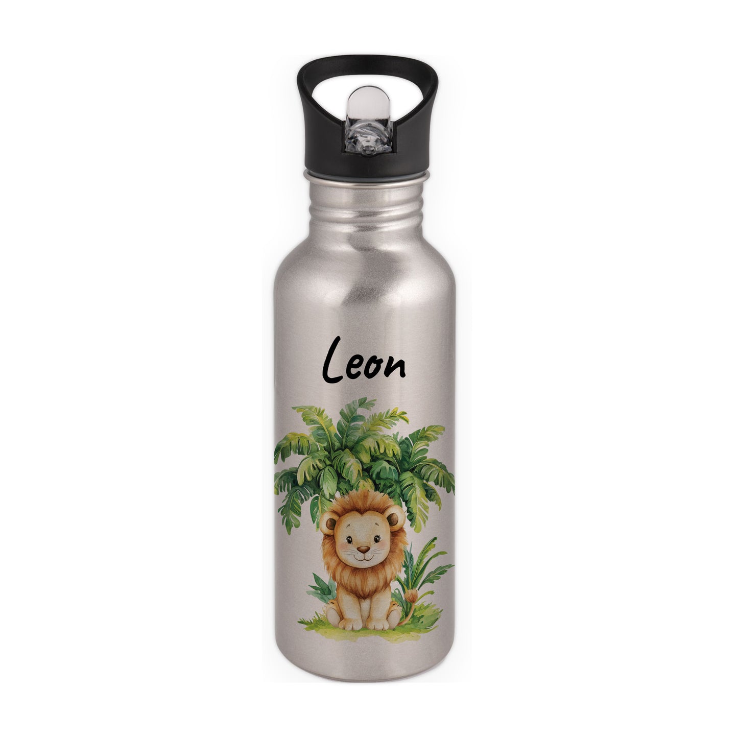 Trinkflasche mit Strohhalm in Silber 600ml bedruckt mit Dschungel Tieren"Löwe" personalisierbar für Kinder mit Wunschname aus Edelstahl