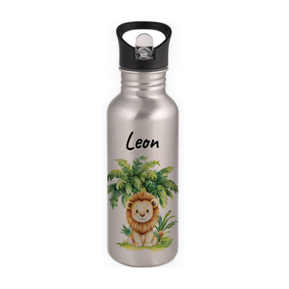 Trinkflasche mit Strohhalm in Silber 600ml bedruckt mit Dschungel Tieren"Löwe" personalisierbar für Kinder mit Wunschname aus Edelstahl