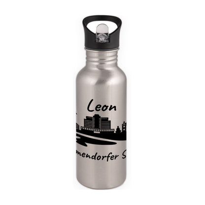 Trinkflasche in Silber 600ml aus Edelstahl bedruckt mit der Skyline von Timmendorfer Strand personalisierbar mit Wunschname