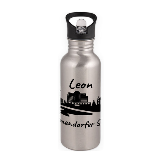 Trinkflasche in Silber 600ml aus Edelstahl bedruckt mit der Skyline von Timmendorfer Strand personalisierbar mit Wunschname