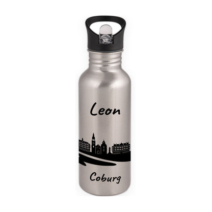 Trinkflasche in Silber 600ml aus Edelstahl bedruckt mit der Skyline von Coburg personalisierbar mit Wunschname