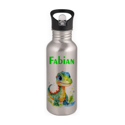 Trinkflasche mit Strohhalm in Silber 600ml bedruckt mit tollen Motiven für Kinder "Dino Kinder" personalisierbar für Kinder mit Wunschname aus Edelstahl