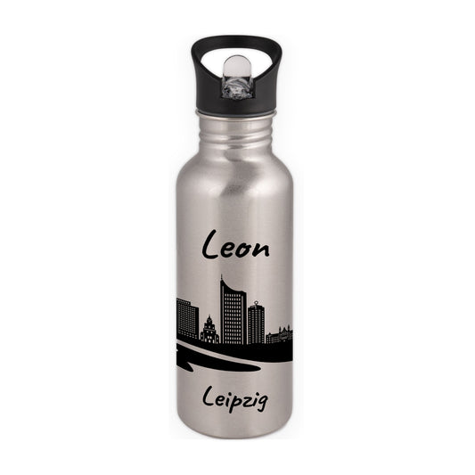 Trinkflasche in Silber 600ml aus Edelstahl bedruckt mit der Skyline von Leipzig personalisierbar mit Wunschname