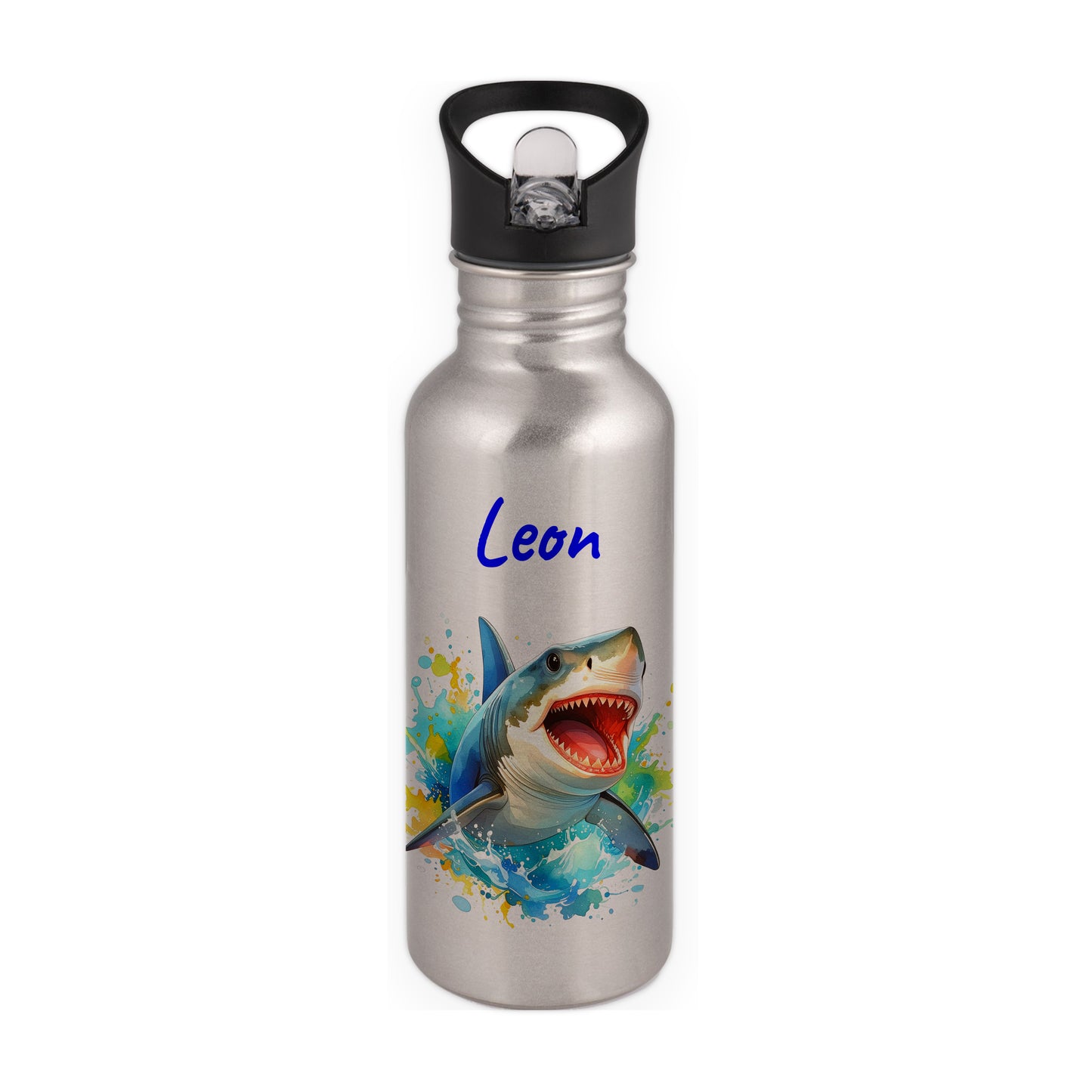 Trinkflasche mit Strohhalm in Silber 600ml bedruckt mit tollen Motiven für Kinder "Hai" personalisierbar für Kinder mit Wunschname aus Edelstahl