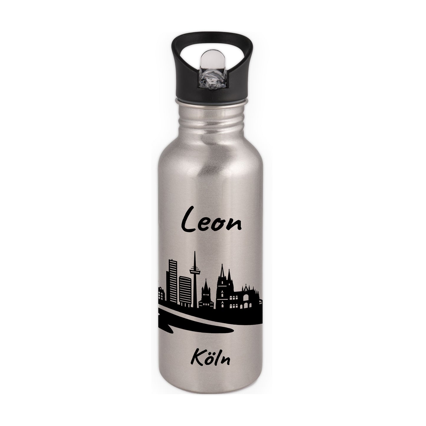 Trinkflasche in Silber 600ml aus Edelstahl bedruckt mit der Skyline von Köln personalisierbar mit Wunschname
