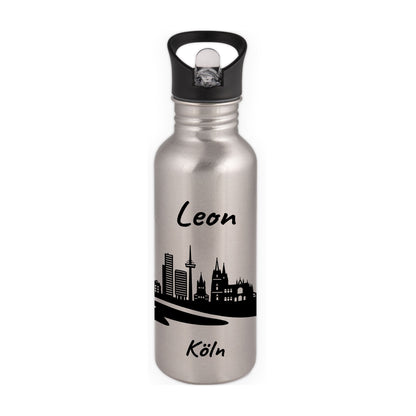 Trinkflasche in Silber 600ml aus Edelstahl bedruckt mit der Skyline von Köln personalisierbar mit Wunschname