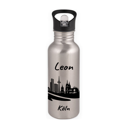 Trinkflasche in Silber 600ml aus Edelstahl bedruckt mit der Skyline von Köln personalisierbar mit Wunschname