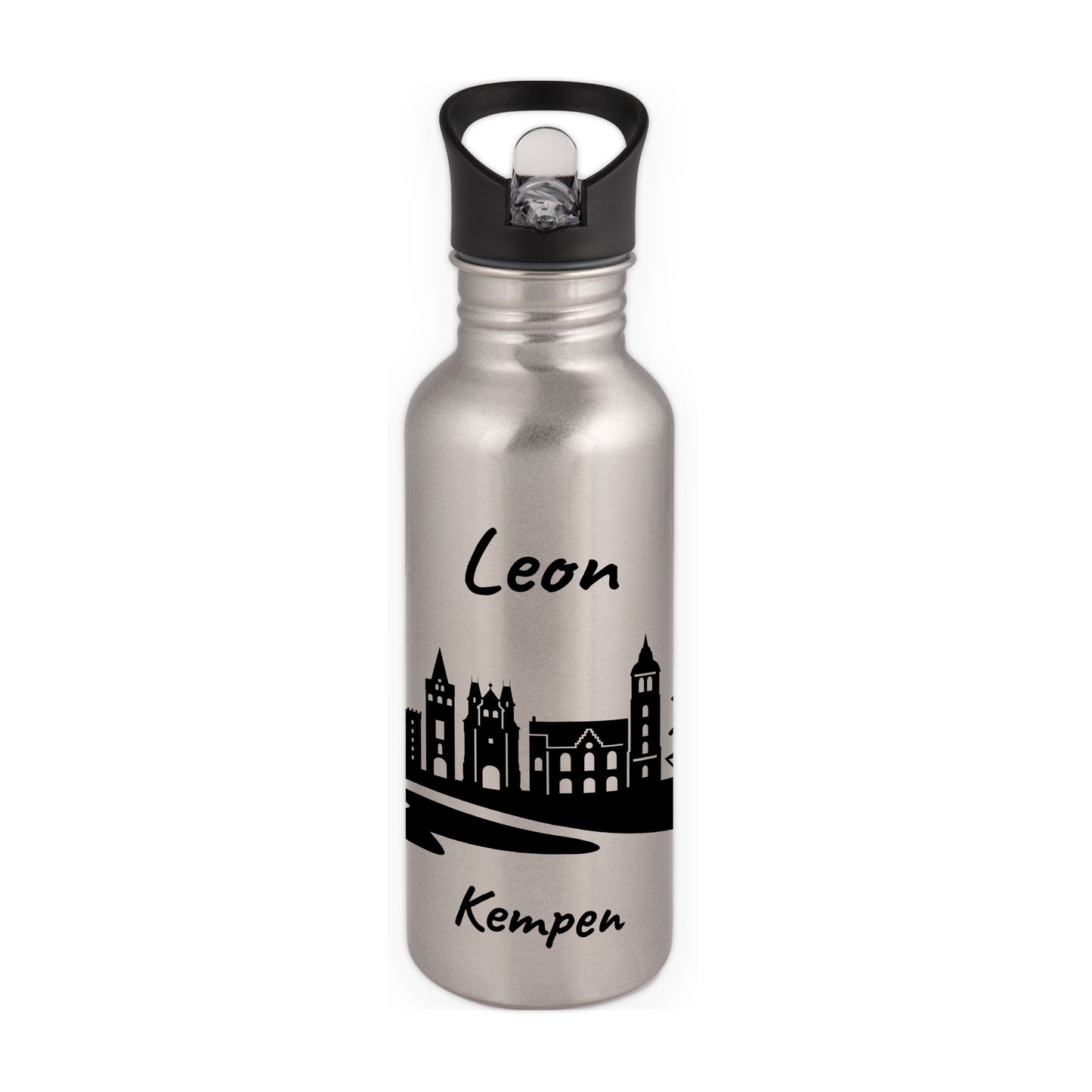 Trinkflasche in Silber 600ml aus Edelstahl bedruckt mit der Skyline von Kempen personalisierbar mit Wunschname