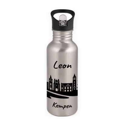 Trinkflasche in Silber 600ml aus Edelstahl bedruckt mit der Skyline von Kempen personalisierbar mit Wunschname