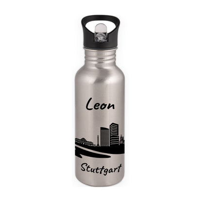 Trinkflasche in Silber 600ml aus Edelstahl bedruckt mit der Skyline von Stuttgart personalisierbar mit Wunschname