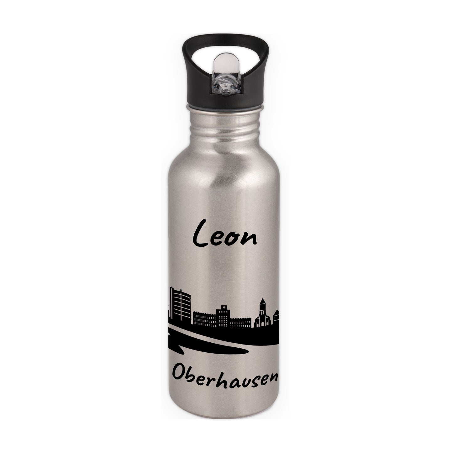 Trinkflasche in Silber 600ml aus Edelstahl bedruckt mit der Skyline von Oberhausen personalisierbar mit Wunschname