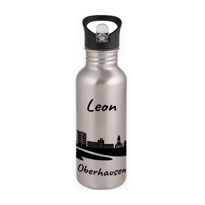 Trinkflasche in Silber 600ml aus Edelstahl bedruckt mit der Skyline von Oberhausen personalisierbar mit Wunschname