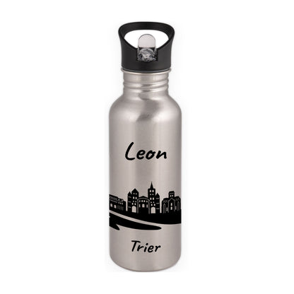 Trinkflasche in Silber 600ml aus Edelstahl bedruckt mit der Skyline von Trier personalisierbar mit Wunschname