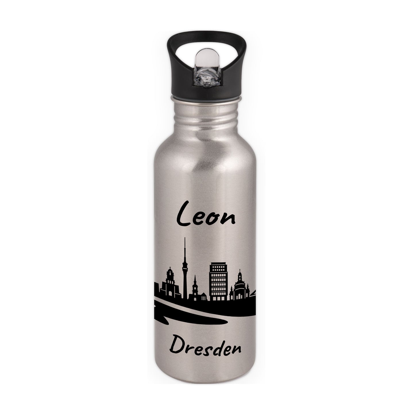 Trinkflasche in Silber 600ml aus Edelstahl bedruckt mit der Skyline von Dresden personalisierbar mit Wunschname