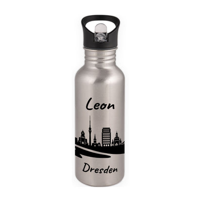 Trinkflasche in Silber 600ml aus Edelstahl bedruckt mit der Skyline von Dresden personalisierbar mit Wunschname