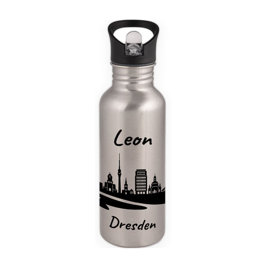 Trinkflasche in Silber 600ml aus Edelstahl bedruckt mit der Skyline von Dresden personalisierbar mit Wunschname