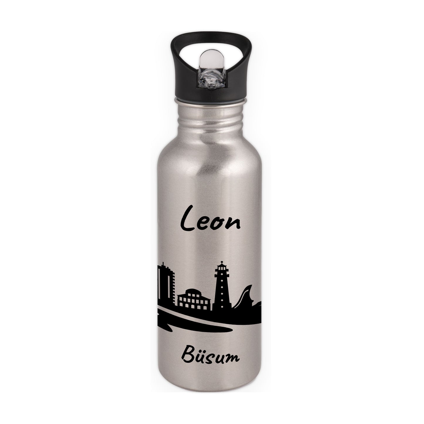 Trinkflasche in Silber 600ml aus Edelstahl bedruckt mit der Skyline von Büsum personalisierbar mit Wunschname