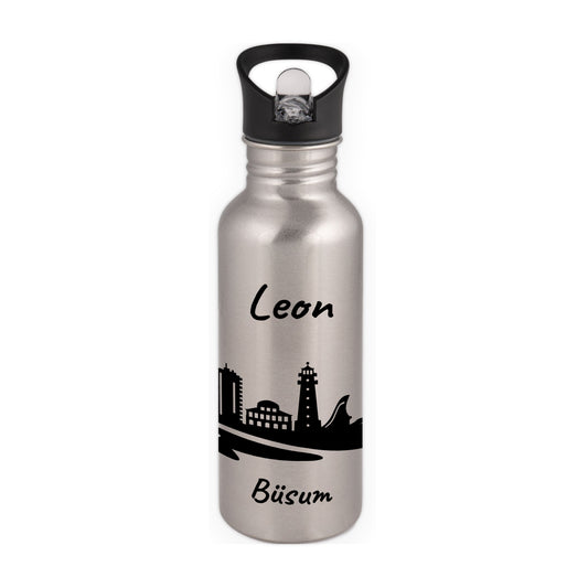 Trinkflasche in Silber 600ml aus Edelstahl bedruckt mit der Skyline von Büsum personalisierbar mit Wunschname