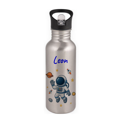 Trinkflasche mit Strohhalm in Silber 600ml bedruckt mit tollen Motiven für Kinder "Astronaut" personalisierbar für Kinder mit Wunschname aus Edelstahl