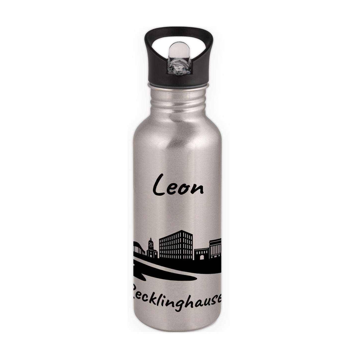 Trinkflasche in Silber 600ml aus Edelstahl bedruckt mit der Skyline von Recklinghausen personalisierbar mit Wunschname